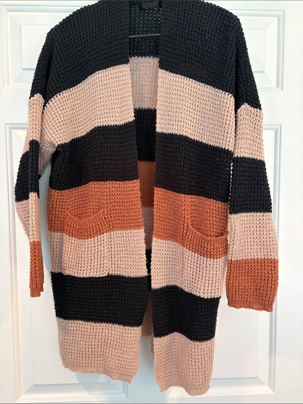 SHEIN Black, Blush & Rust Striped Open-Front Cardigan